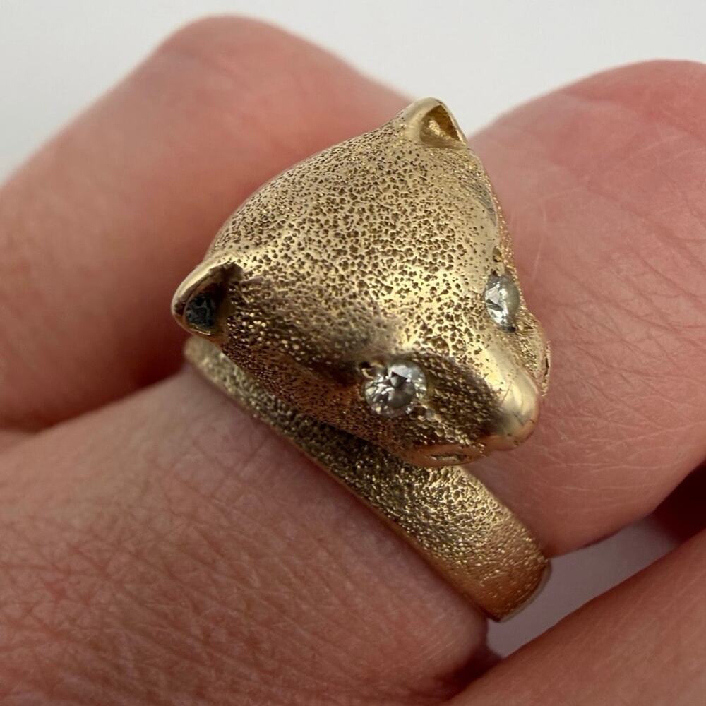 Vintage Solid 14K Gold Panther Leopard Head Bypass Ring Diamond Eyes Sz 6.25